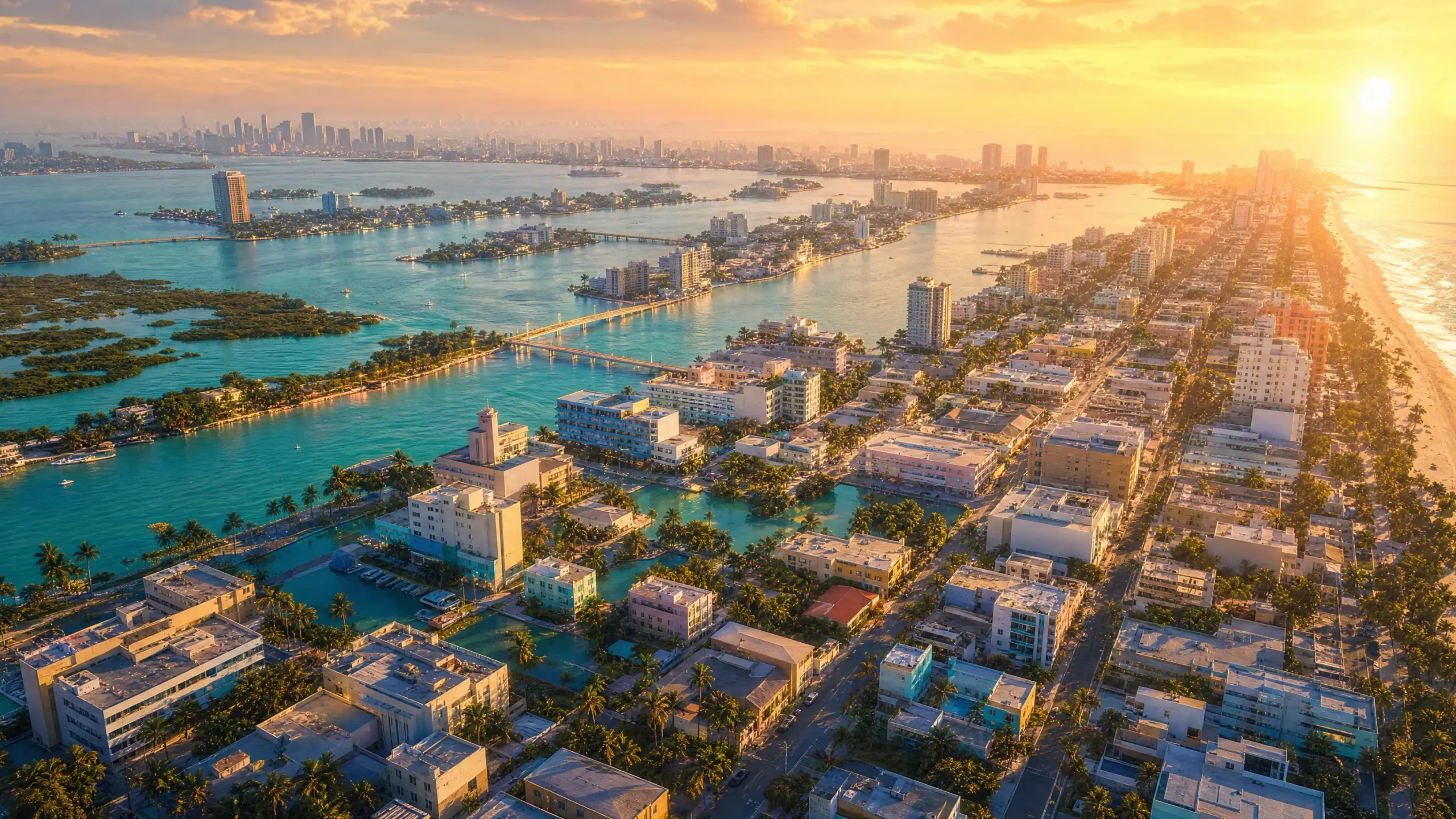 An original high-altitude render of ours over a coastal city at golden hour: a grid of blocks cut by waterways, a beach along one edge and haze thickening into the distance.