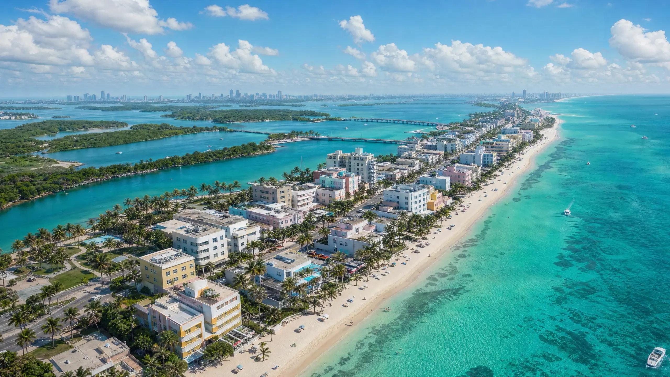 A high aerial scene we rendered along a barrier island at midday, turquoise shallows on one side of it and dense frontage packed along the other.