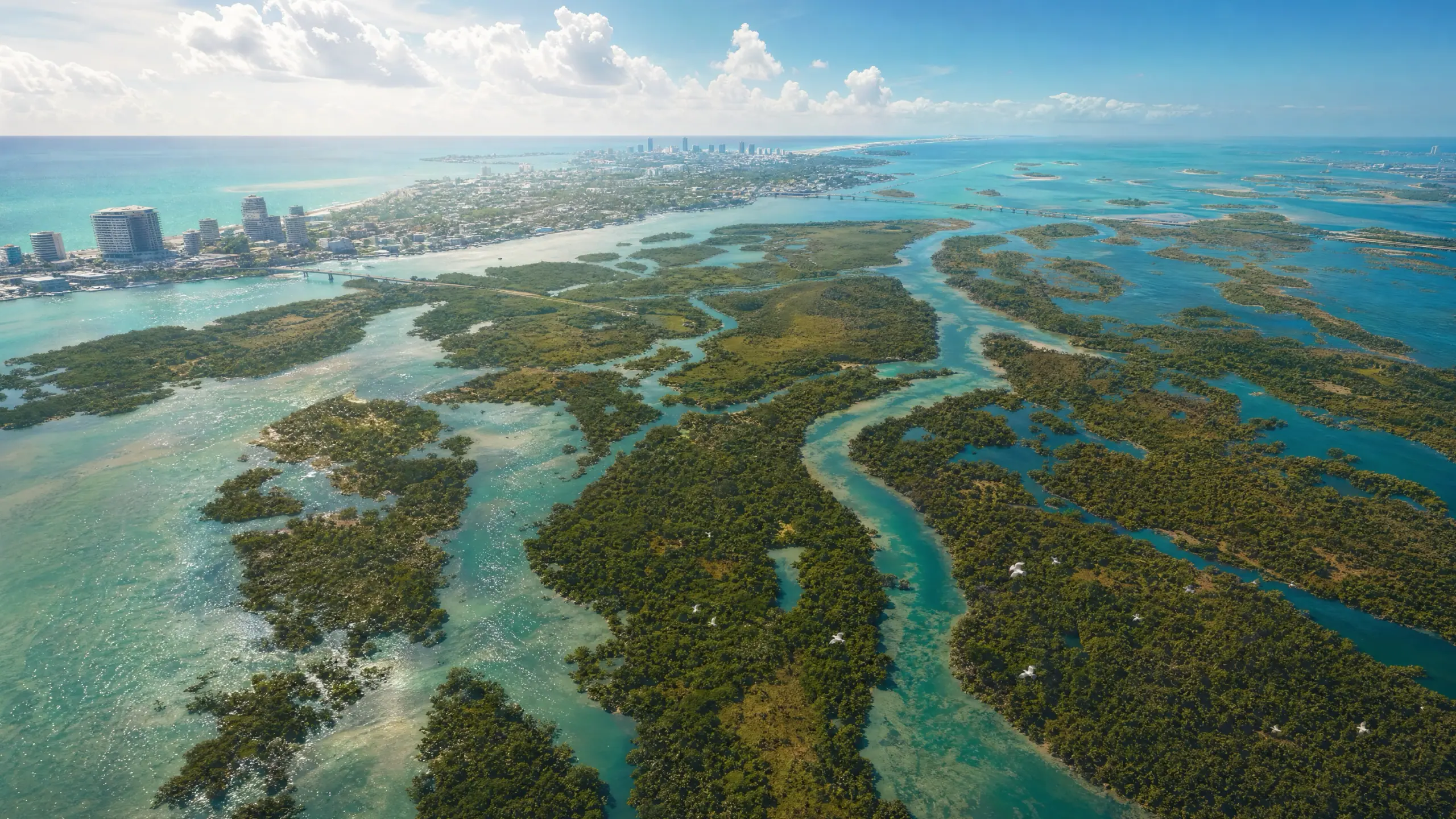 Our own very high aerial illustration of flat wetland running out to a distant coastline at midday, almost map-like, the water channels catching the light.