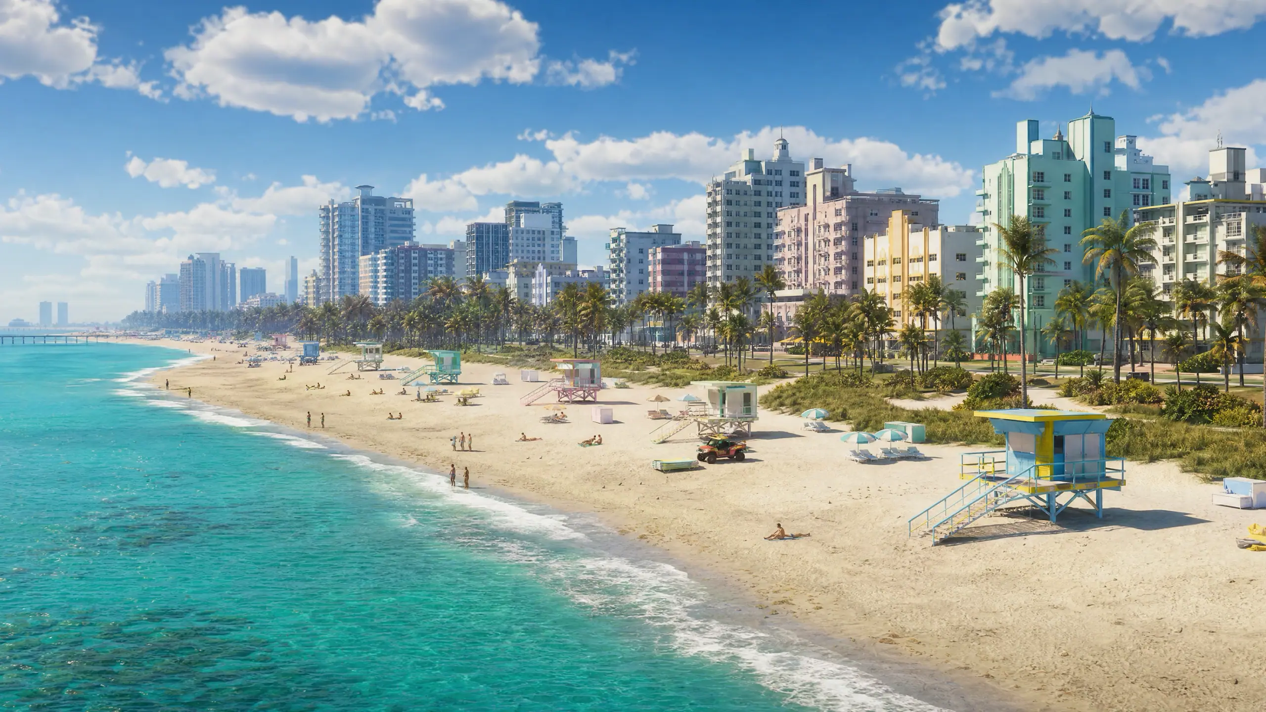 A rendered scene of ours: a broad beach at midday with pastel lifeguard stands along it, turquoise shallows, hotel frontage across the back and a few figures a long way off.