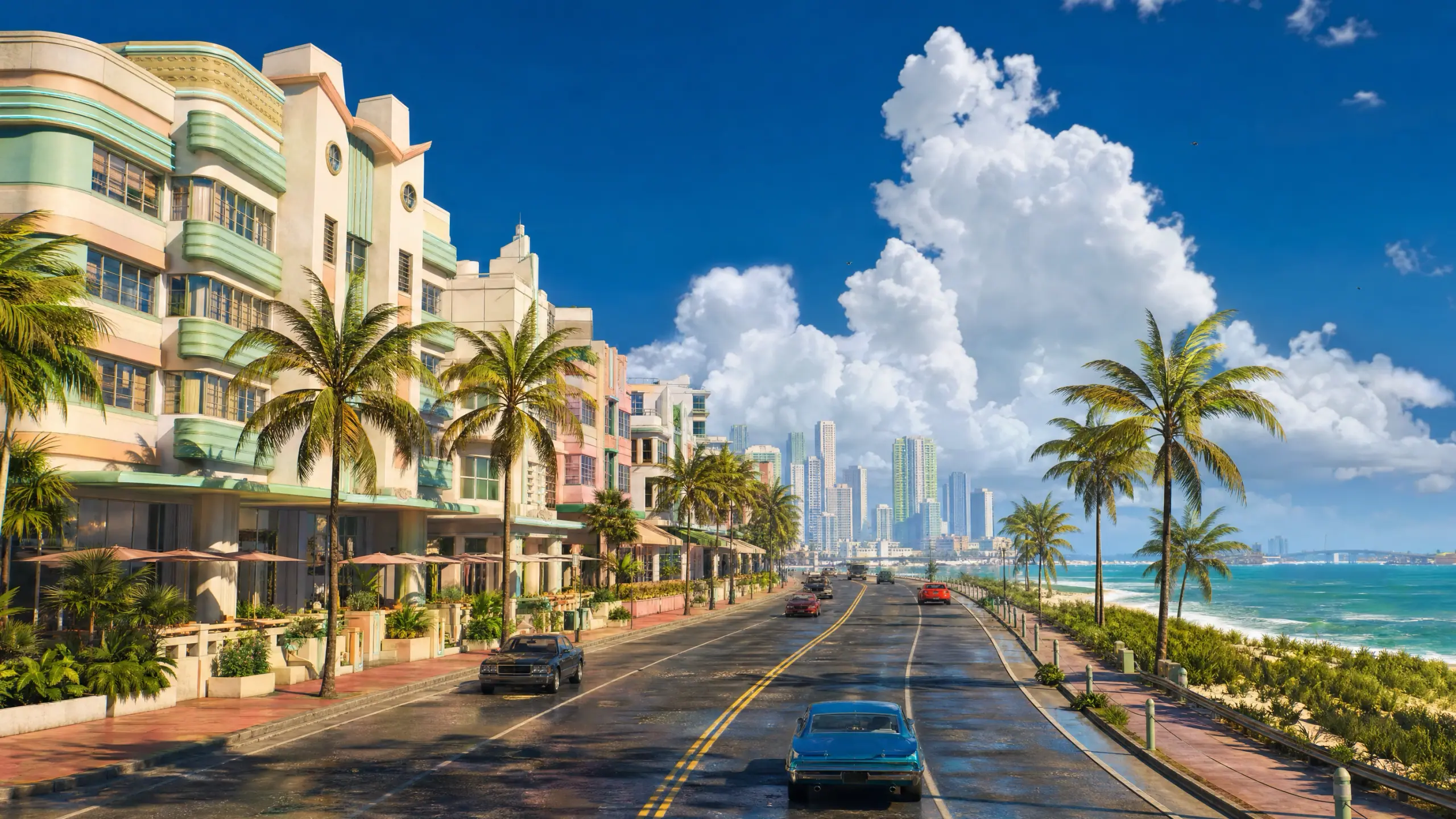Our own rendered artwork of a wide seafront boulevard at midday: palms down one side, pastel art-deco hotel frontage behind them, unmarked cars moving on the road and a skyline far off under towering cloud.