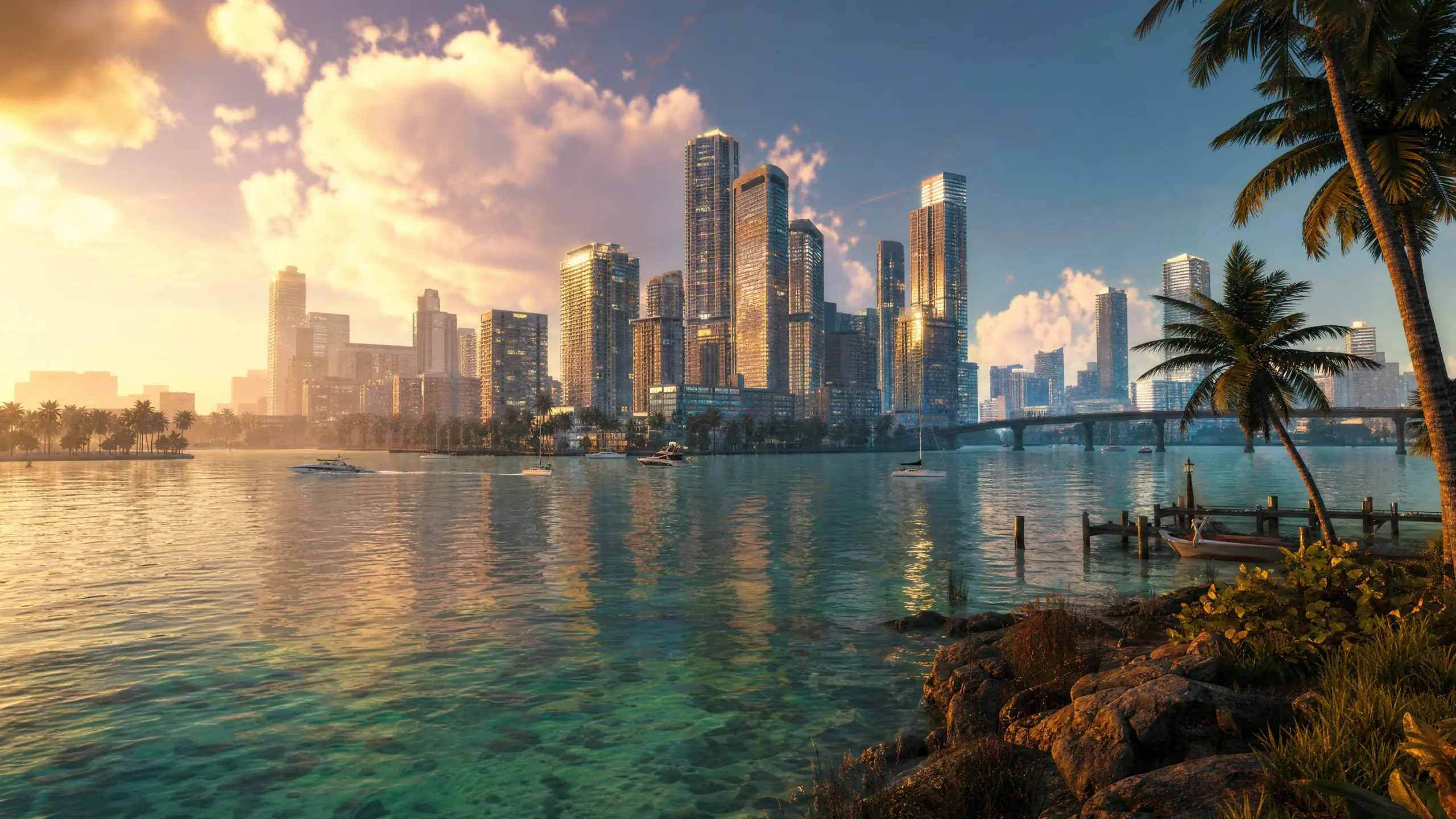 An illustration we made of a downtown of glass towers seen across open water at golden hour, small boats crossing the foreground and haze softening the blocks behind.