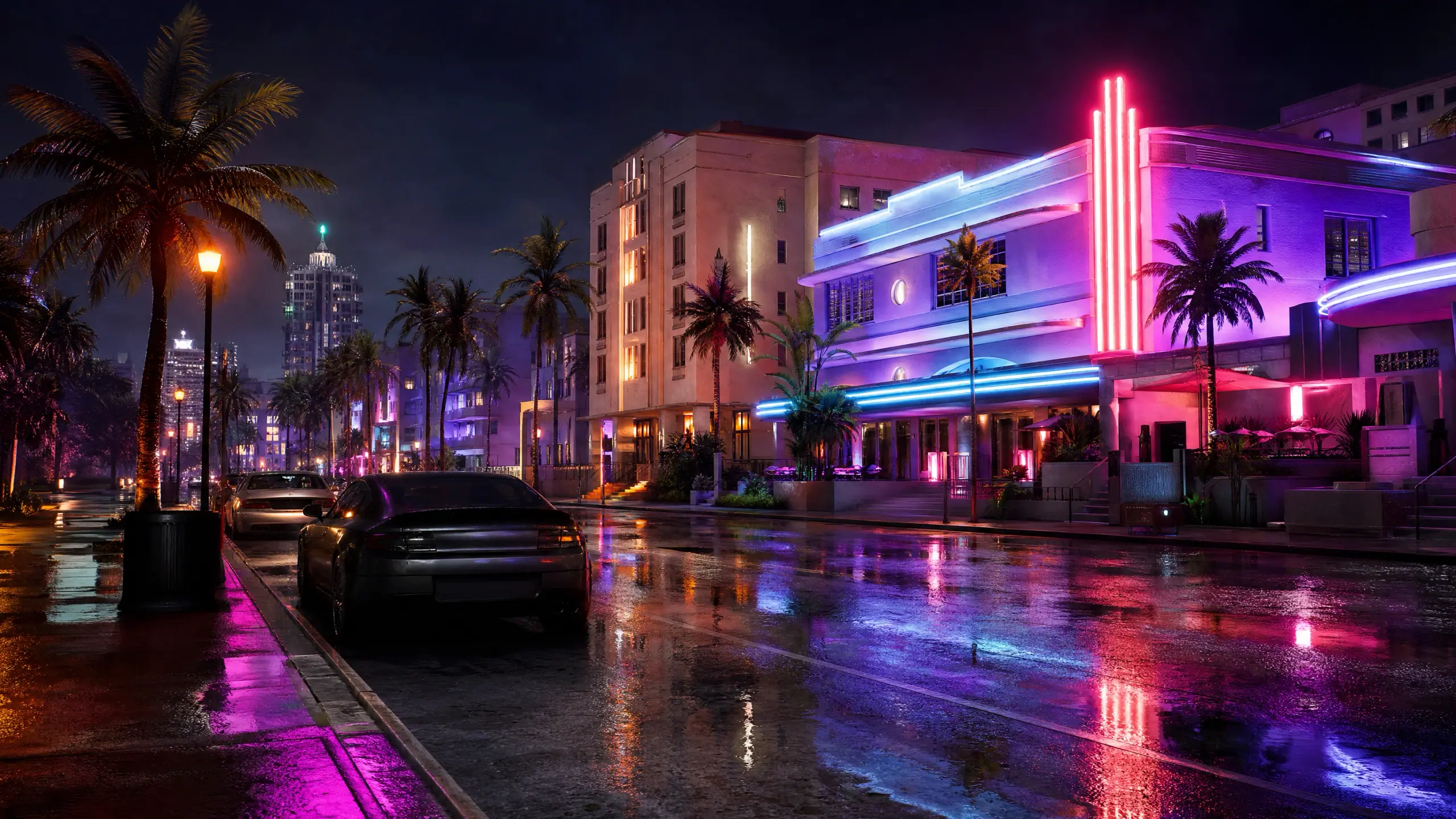 Our own night-time illustration of a neon strip after rain, unreadable glowing signage mirrored in wet asphalt, palms in silhouette and unmarked cars at the kerb.