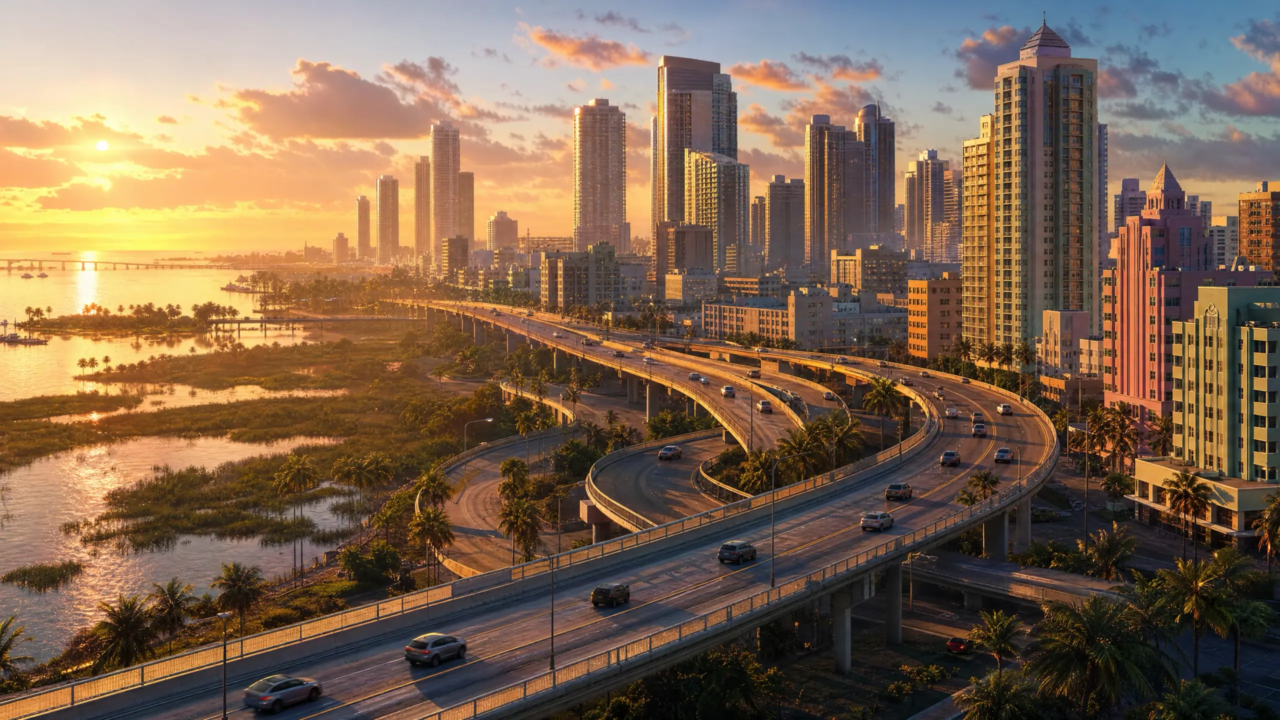 Our own illustration of a multi-level highway interchange curving through a city at golden hour, traffic strung along the decks and towers standing behind it.