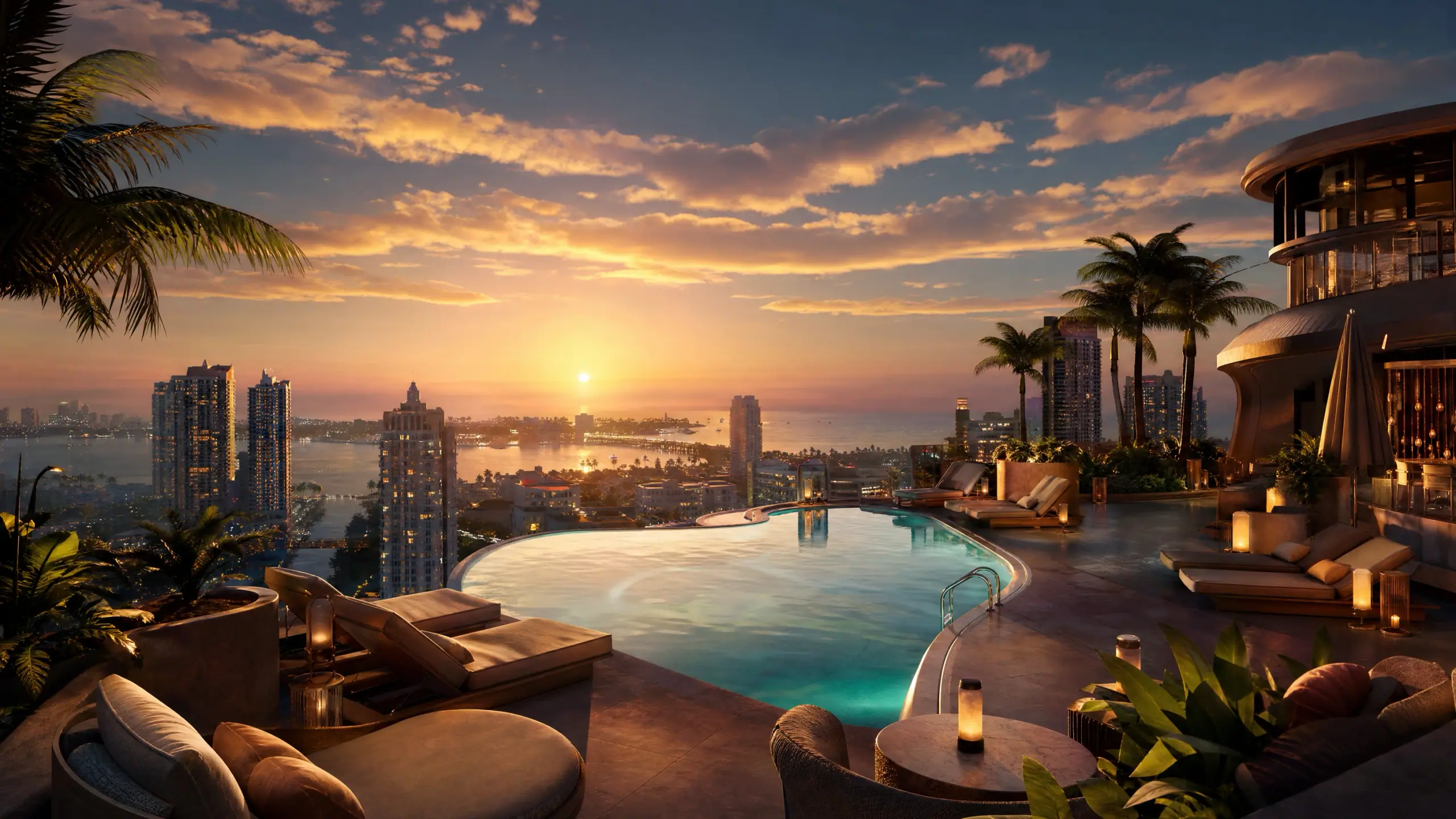 Artwork we rendered of a rooftop pool deck high over a city at dusk — empty loungers in the foreground, the skyline and the ocean beyond in low warm light.