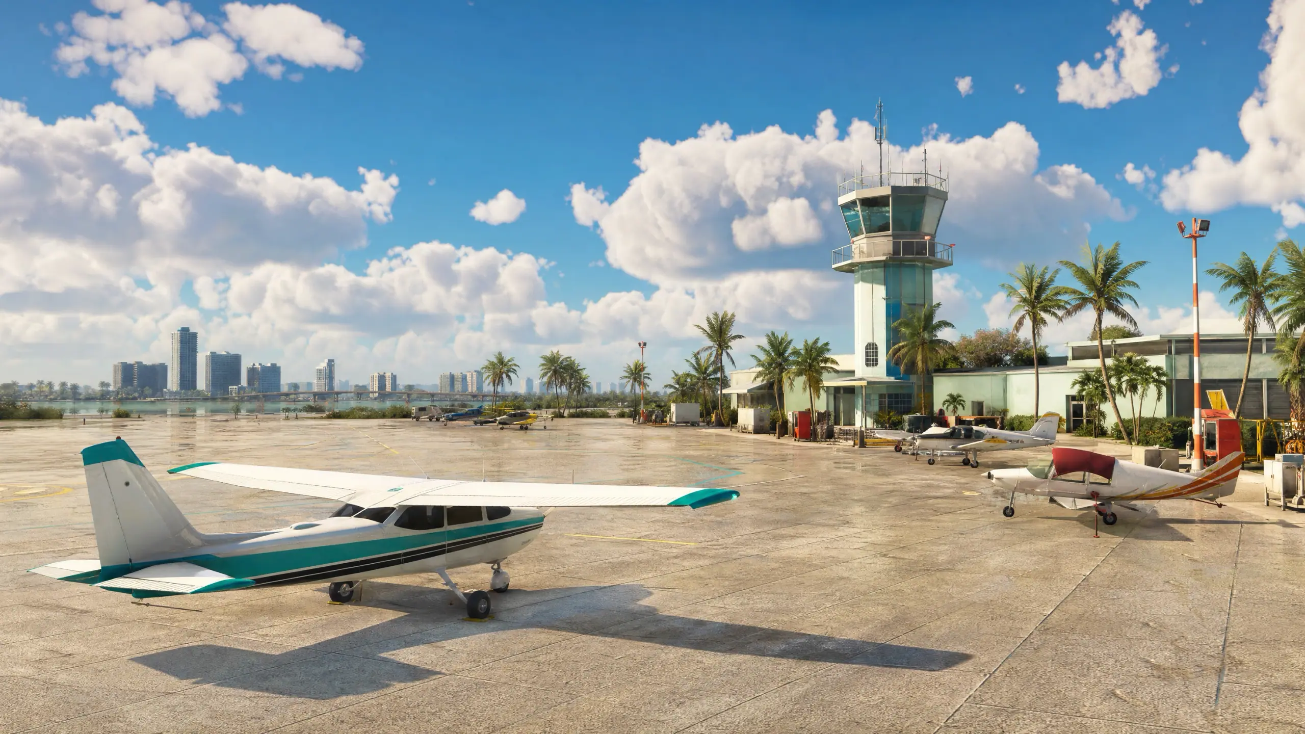 An illustration we made of a regional airfield apron in hard daylight: parked light aircraft carrying no markings, a squat control tower and heat shimmer over the concrete.