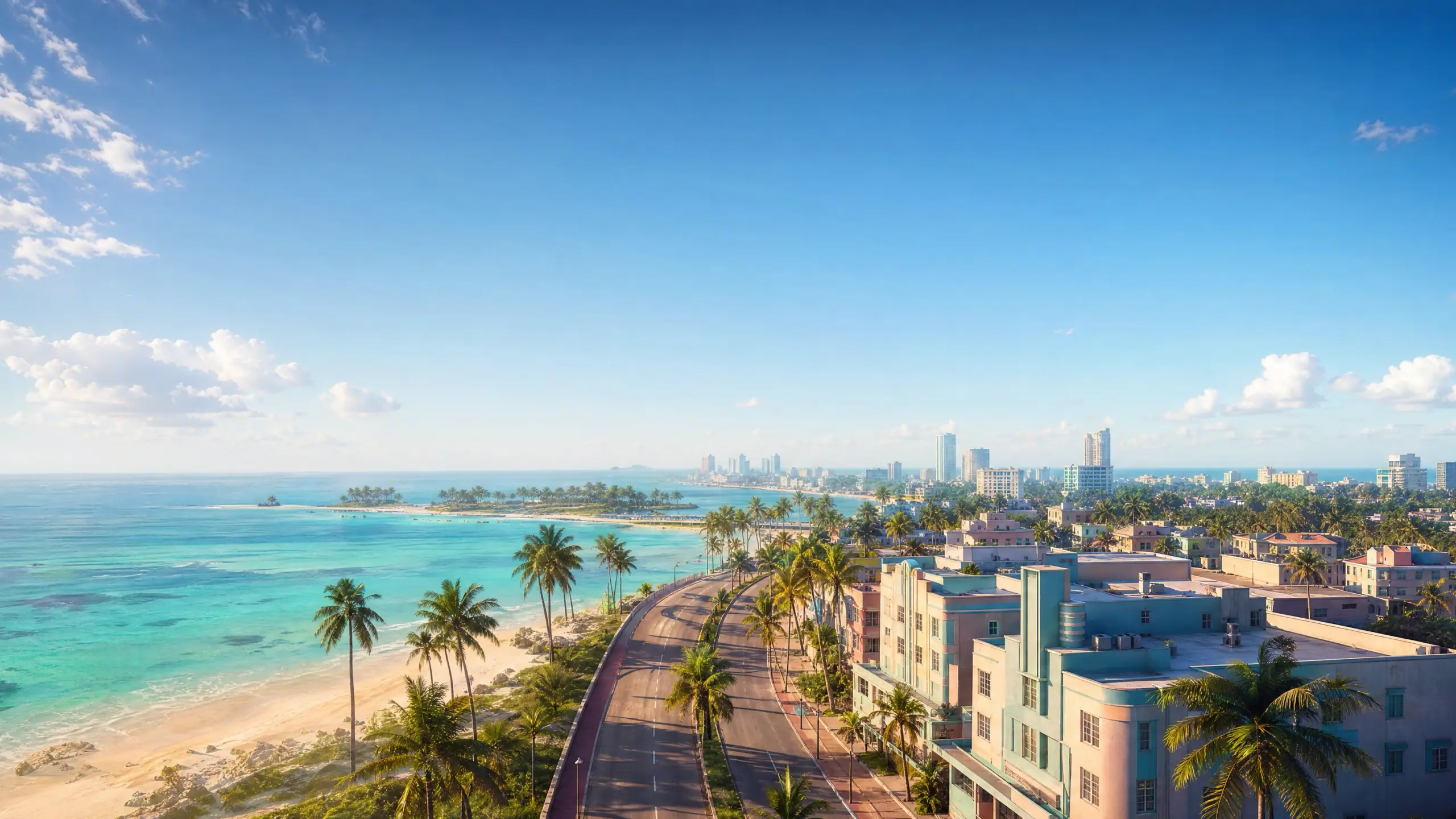 A bright coastal scene we rendered from the air: high cumulus over a palm-lined shore road, pastel frontage down one side of it, a broad beach and turquoise shallows on the other and a skyline far off.