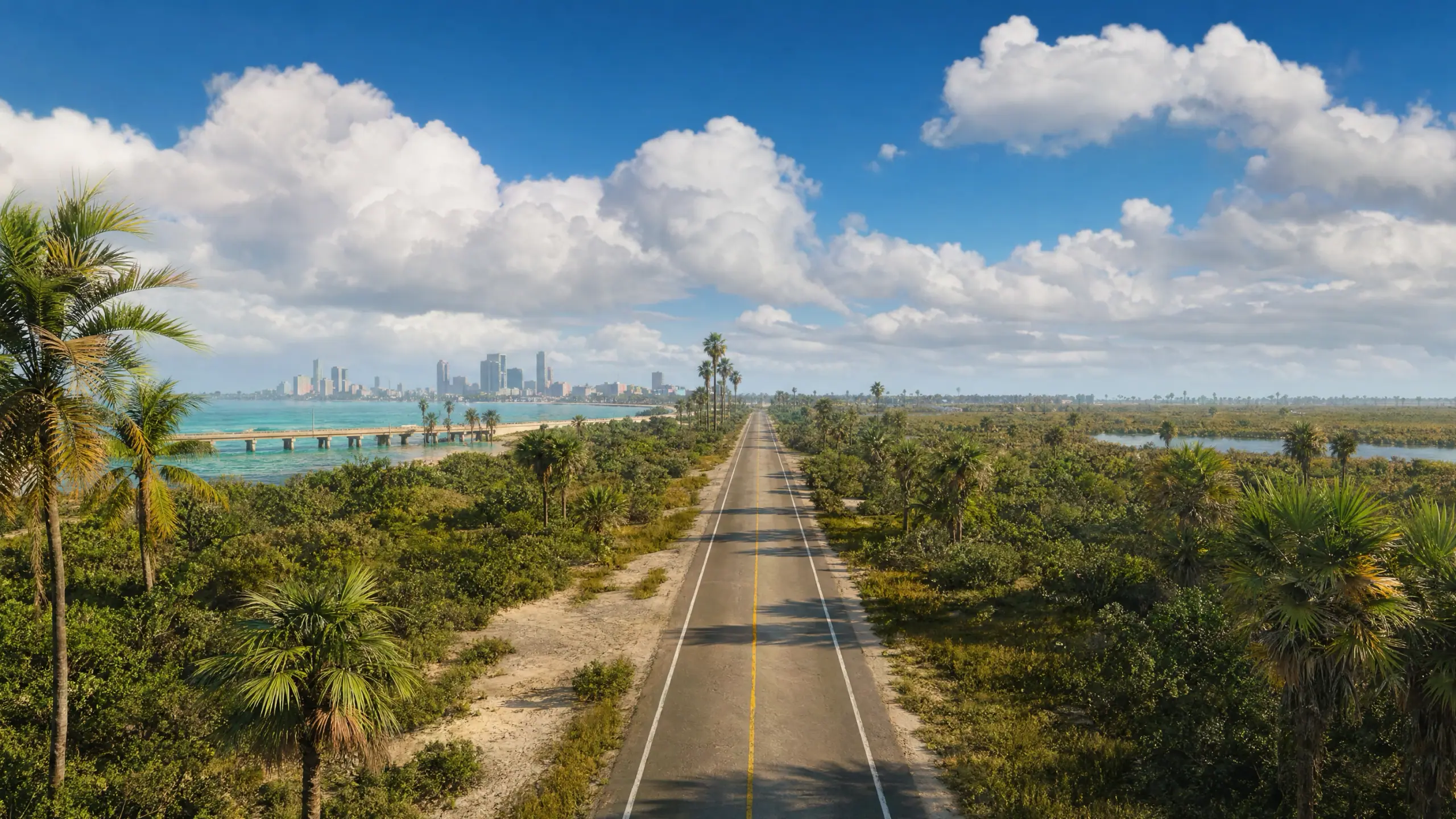 Our own illustration of a two-lane road running dead straight between scrub and cabbage palms under a big afternoon sky, a distant skyline standing at the end of it.