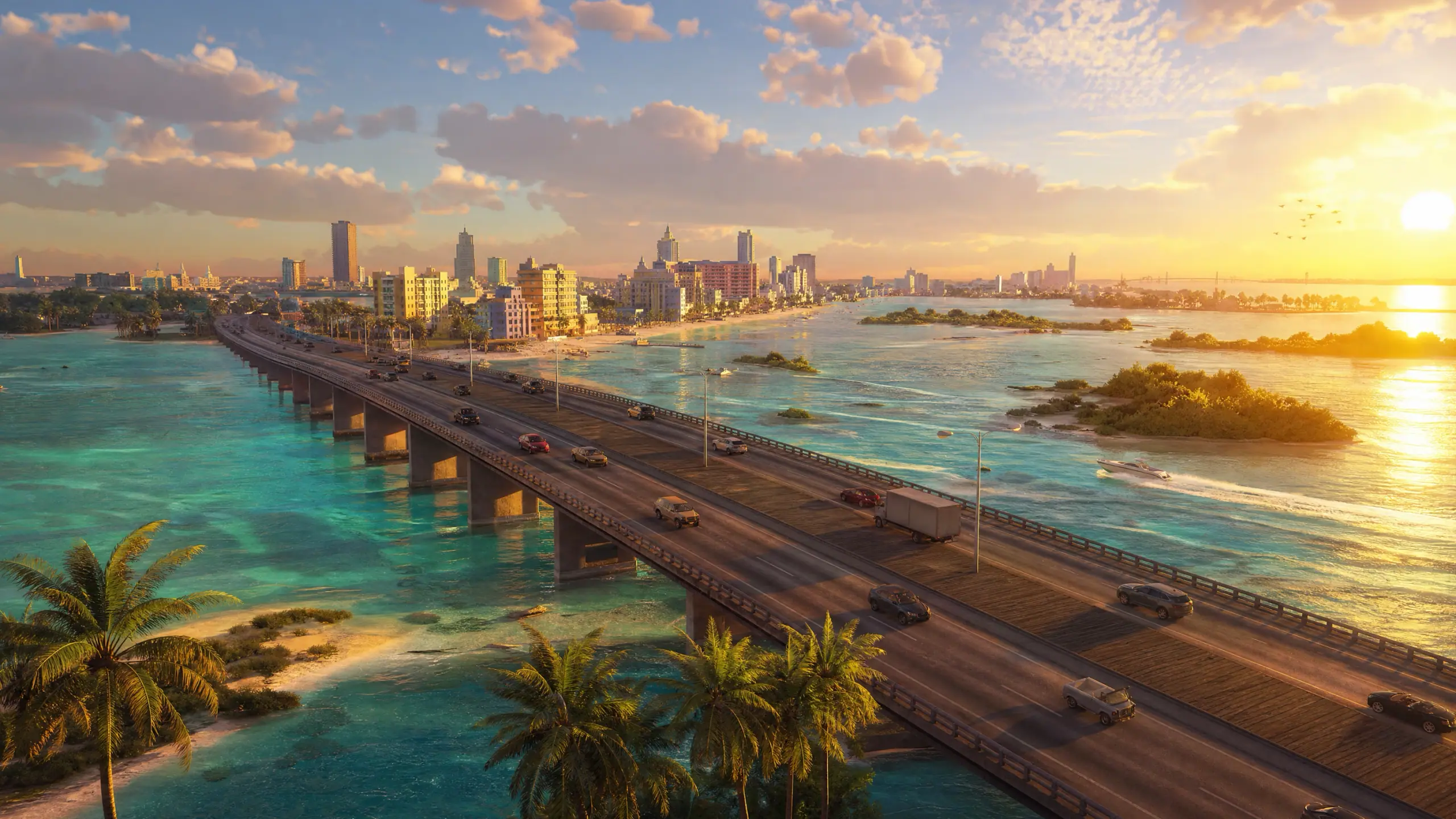 Rendered artwork of ours showing a long causeway crossing turquoise water at golden hour, unmarked traffic strung out along it and a skyline low on the far horizon.