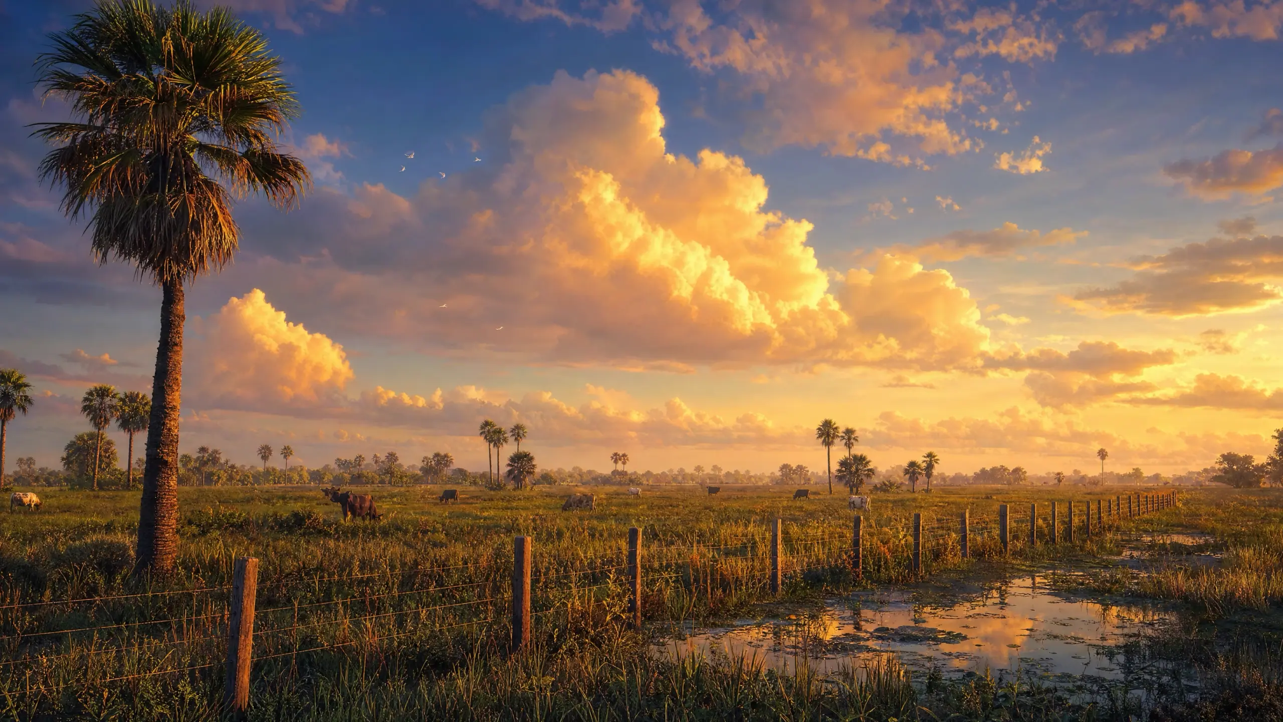 A rendered scene of ours: flat cattle pasture crossed by a wire fence, scattered palms along it and towering cumulus stacked over all of it at golden hour.