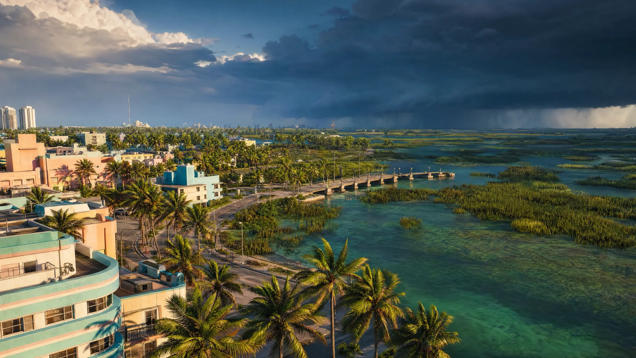 An illustration we made of a wall of dark thunderheads advancing over flat wetland, a causeway crossing the water below them and pastel frontage and palms still held in sunlight in the foreground.