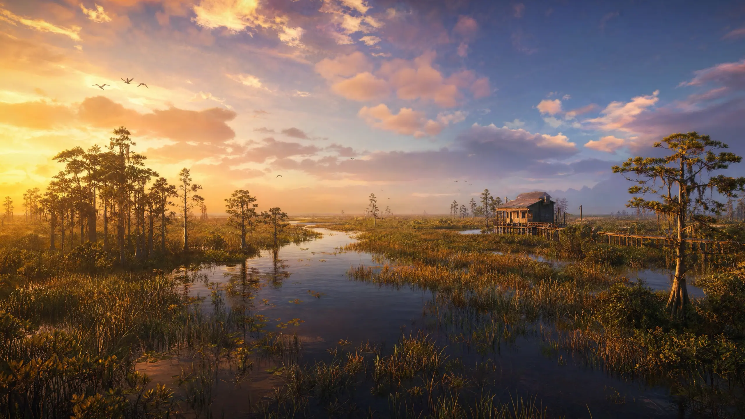 An original render of open sawgrass wetland under an enormous golden-hour sky, dark water channels threading through the grass and a stilt shack alone on the horizon.