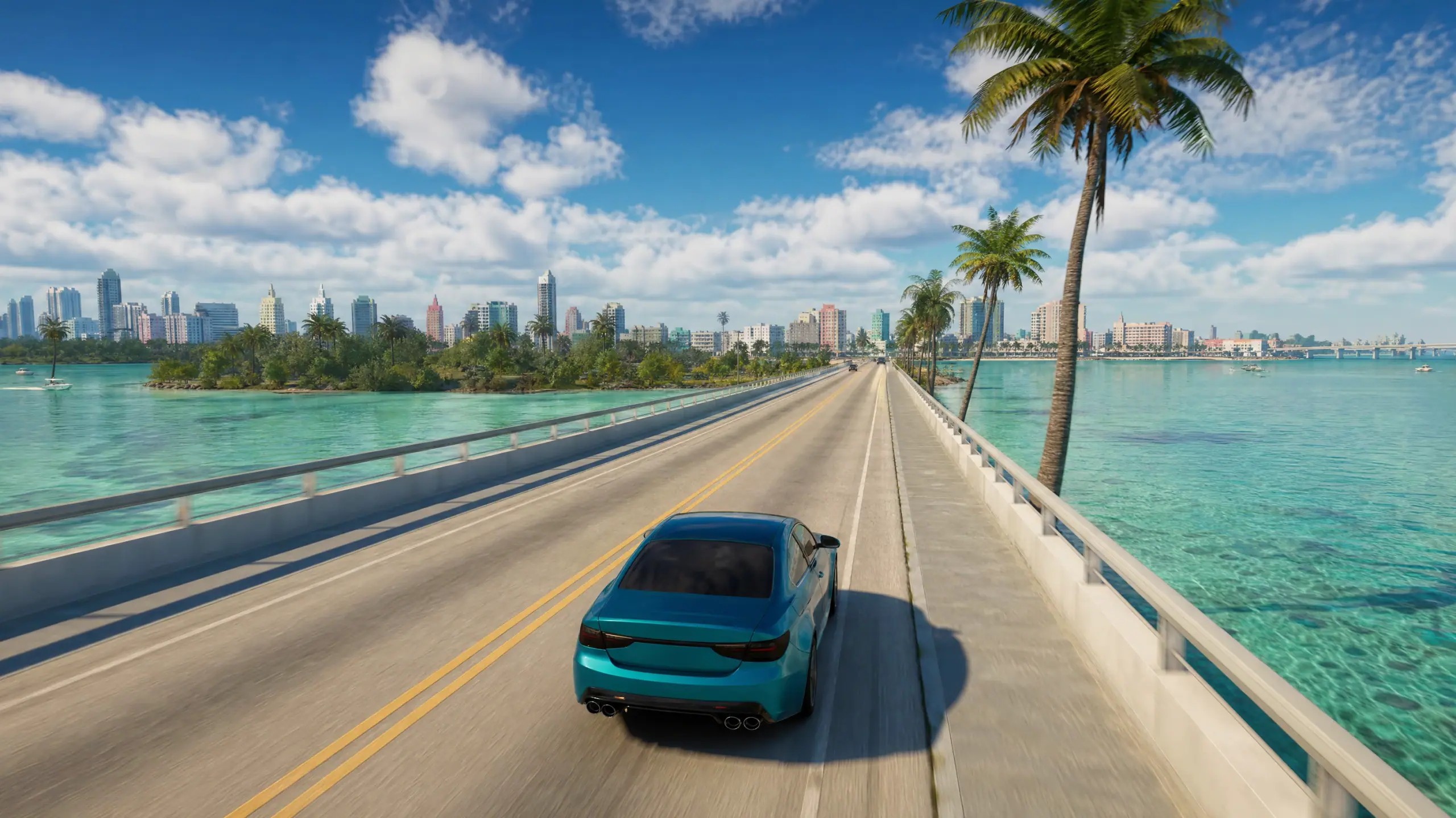 An illustration we made of an unbadged car crossing a long causeway over turquoise shallows, followed from behind, a city sitting low on the horizon ahead of it.